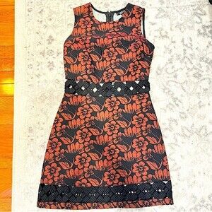 Topshop Jacquard Black & Orange Floral Cutout Sleeveless Dress Size 2